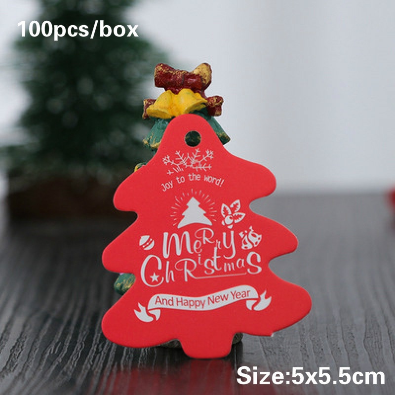 Hộp 100 tag giấy hình cây thông Noel có dây ruy băng xanh lá trang trí quà tặng Giáng sinh tự làm