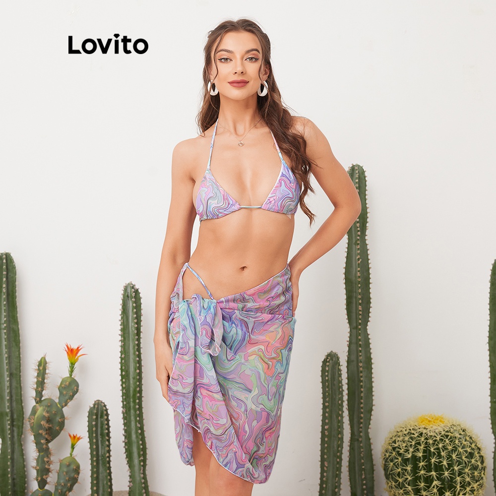 819 VN Delisted Bộ bikini Lovito hai mảnh buộc dây họa tiết trừu tượng phong cách Boho L11038