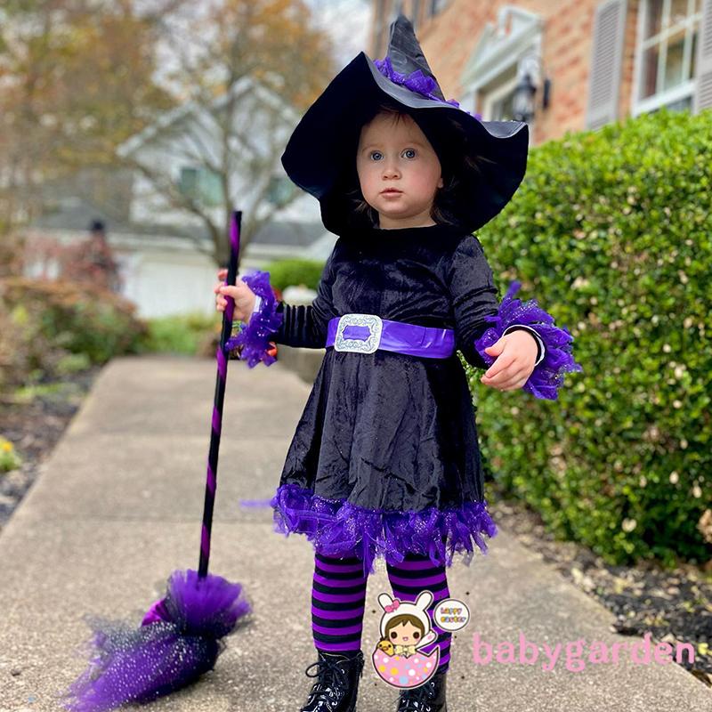 Đầm Chữ A Tay Dài Cổ Tròn Màu Sắc Tương Phản Kèm Mũ Phù Thủy Dễ Thương Cho Bé Gái 1-6 Tuổi