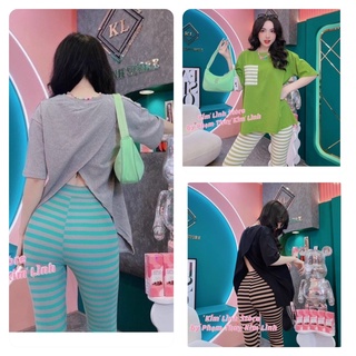 Set bộ nữ áo xẻ tà sau thời trang - set bộ thun quần dài legging sọc