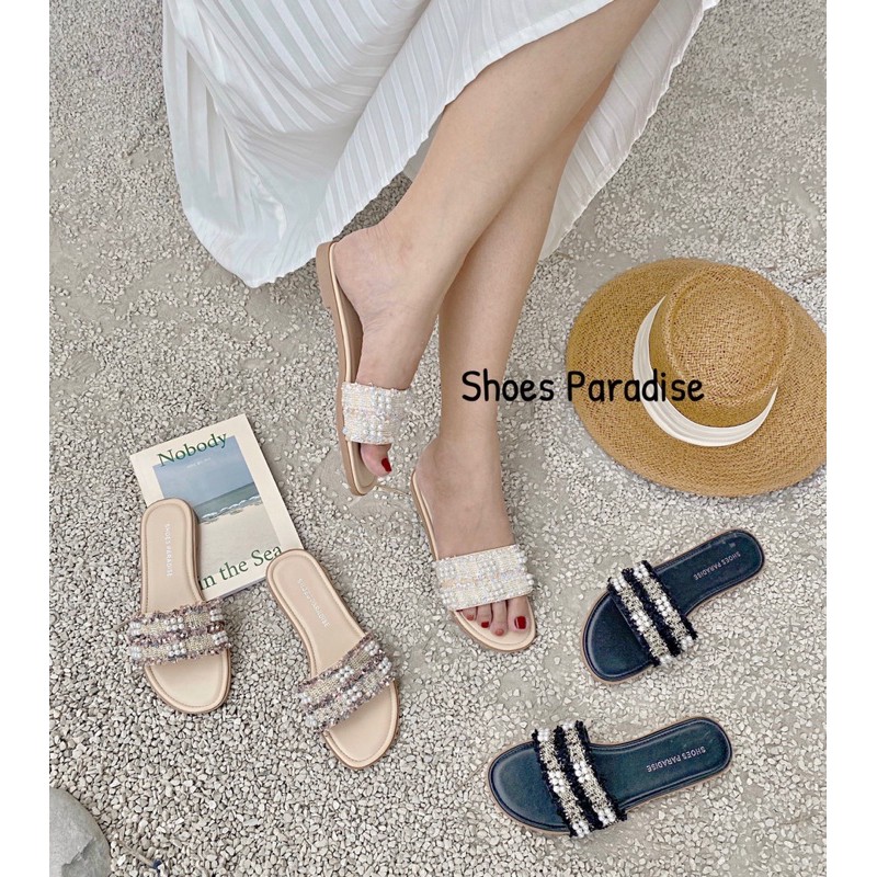 DÉP NỮ BẢNG NGANG ĐẾ  BỆT  ĐÍNH TRAI  SHOES PARADISE