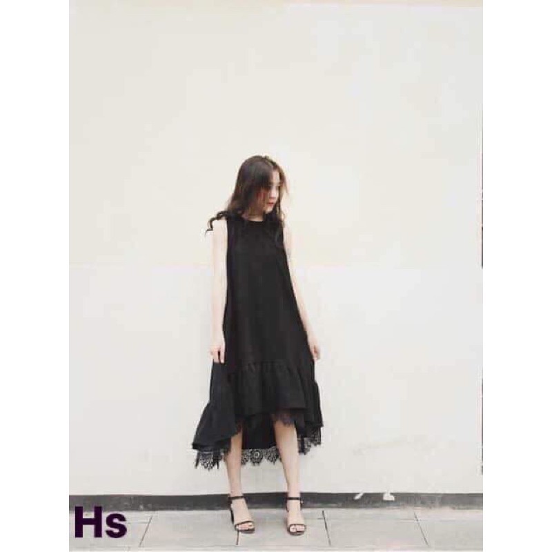 Đầm Nữ Phối Ren Đuôi Cá Chất Đũi Đen Sát Nách Dáng Dài