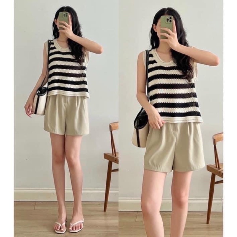 Áo len ba lỗ nữ kẻ ngang form rộng phong cách Hàn Quốc, Áo 3 lỗ nữ chất len lỗ thông hơi siêu hot (TTA133)