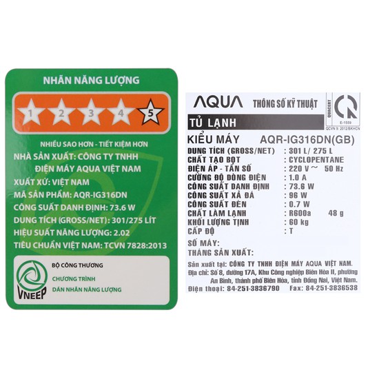 CHÍNH HÃNG - Tủ lạnh Aqua Inverter 301 lít AQR-IG316DN GB