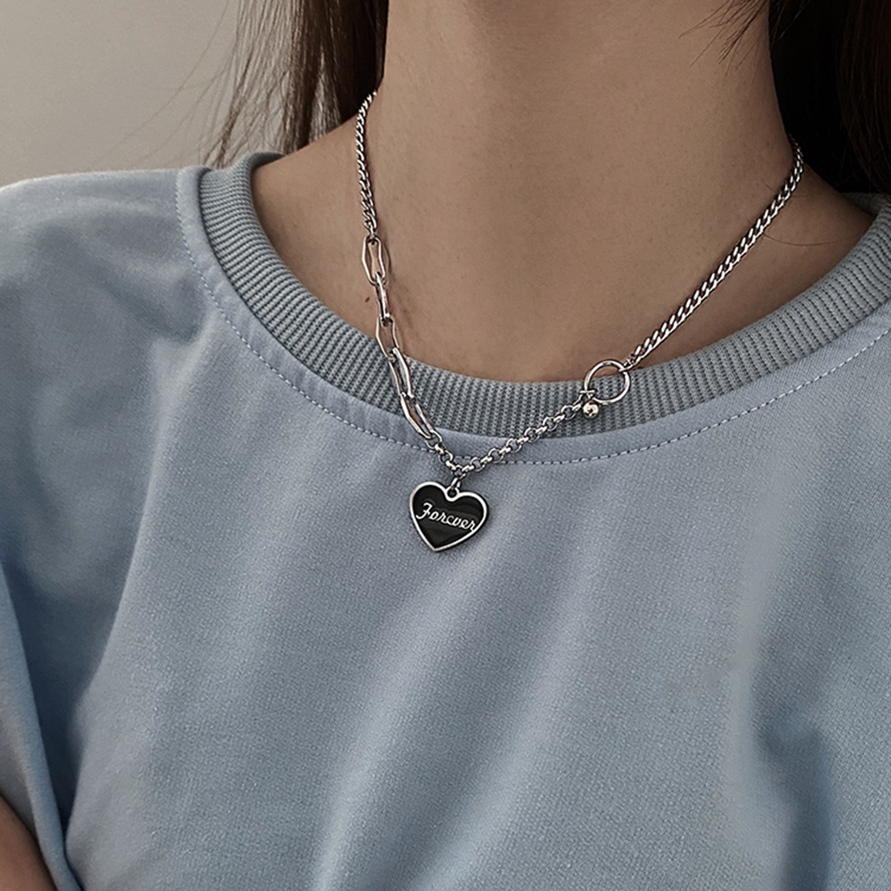 Bộ dây chuyền + vòng tay mặt trái tim màu đen phong cách hip hop thời trang cho nữ