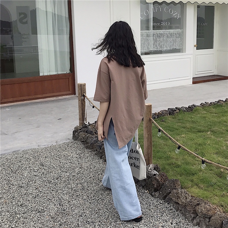 Áo Thun Tay Ngắn Cổ Tròn Màu Sắc Đơn Giản Cho Nữ