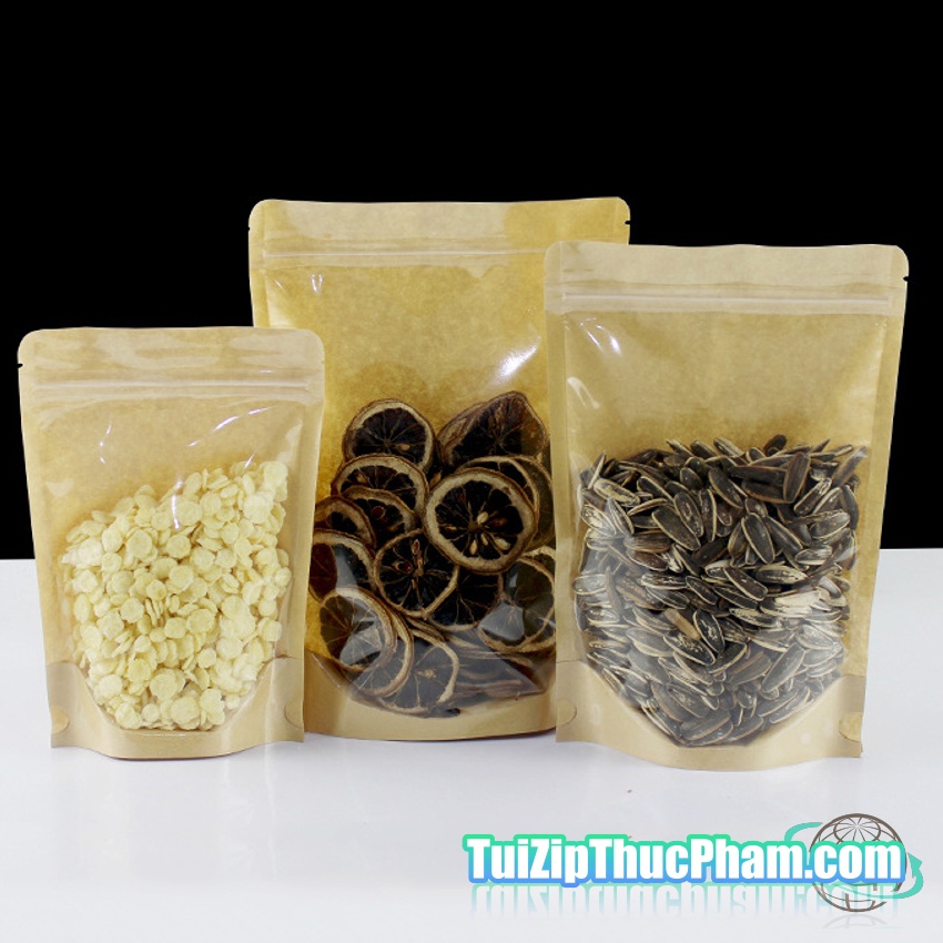 100 cái túi zipper size 09x14cm túi zip giấy kraft vàng 1 mặt trong suốt, túi zipper chất lượng cao, mẫu 04