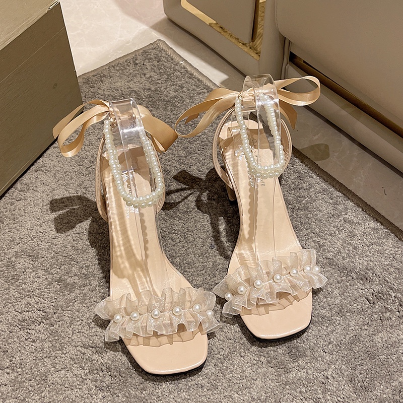 Giày Cao Gót Cột Dây Đính Ngọc Trai Thời Trang Pháp Cho Nữ