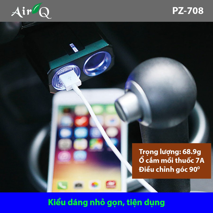 [Mã BMBAU50 giảm 10% đơn 99k] Bộ Chia Tẩu Ô Tô 1 Ổ Và 2 Cổng Usb Không Dây AIRQ PZ708 Nhập Khẩu Chính Hãng