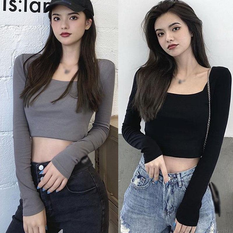 Áo thun lửng nữ tay dài cổ vuông 1 màu giản dị