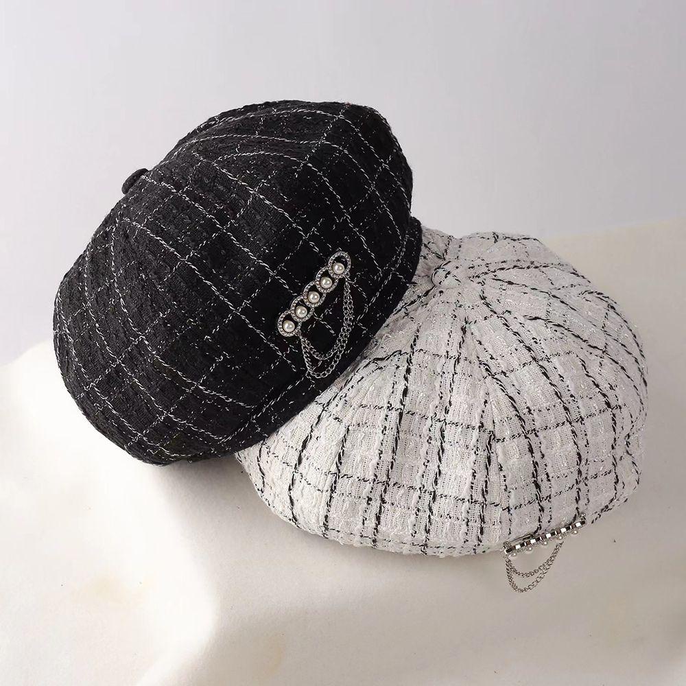 IVORY Mũ Beret Họa Tiết Sọc Caro Phối Dây Xích Thời Trang Mùa Đông Cho Nữ