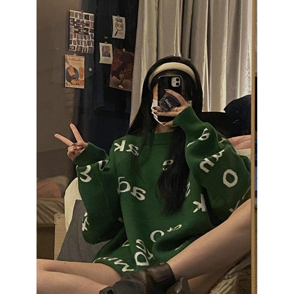 Áo sweater dệt kim dáng rộng in họa tiết chữ phong cách Hàn Quốc thời trang thu đông cho nữ