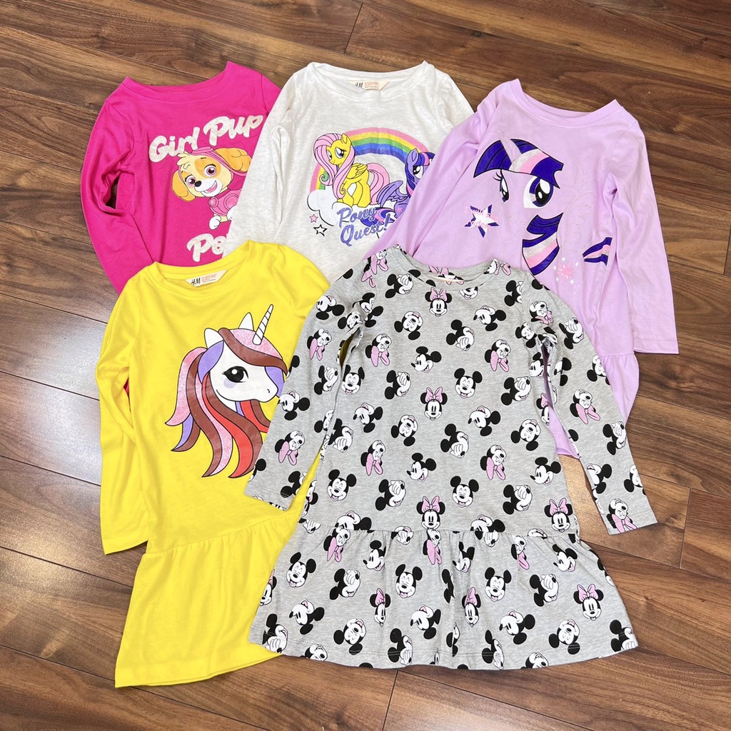 Váy Bé Gái Dài Tay size đại vải xuất dư H.M' hình Elsa, Pony, Mickey siêu đẹp 100% cotton mềm mát, hàng Việt Nam-Minkids