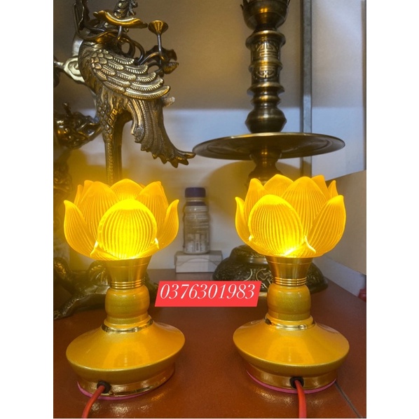 Đôi đèn lưu ly Hoa sen chân Đồng cao cấp 16cm