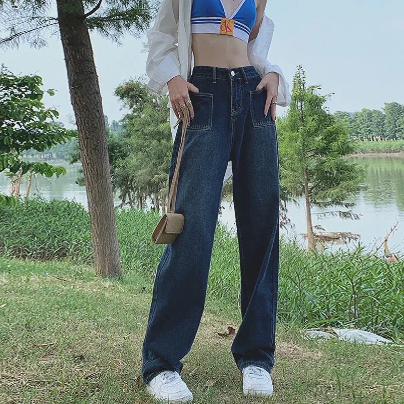 Quần Jean Dài Lưng Cao Ống Rộng Thiết Kế Mới Thời Trang Mùa Thu Dành Cho Nữ