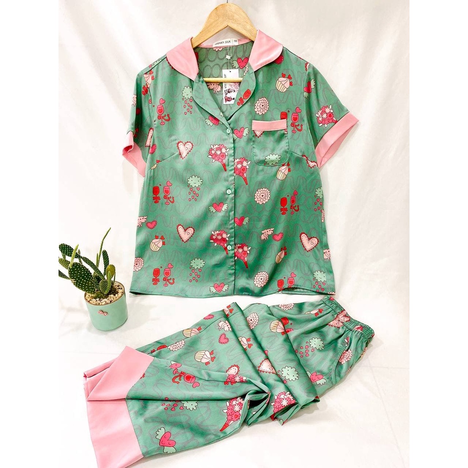 Bộ Đồ Mặc Nhà Lụa Satin Nhật JAPAN SILK Họa Tiết Sóng Xanh Lá CD014