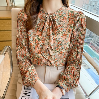 Mùa Thu Phong Cách Retro Hoa Áo Sơ Mi Xù Voan Áo Sơ Mi Thoải Mái Thiết Kế Hàng Đầu Cảm Giác Đèn Lồng Tay Áo Sơ Mi Voan Nữ