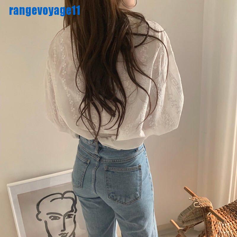 [range11] Women Blouse Puff Sleeved White Lace Long Sleeve Shirt Casual Loose Ruffle Tops [vn]