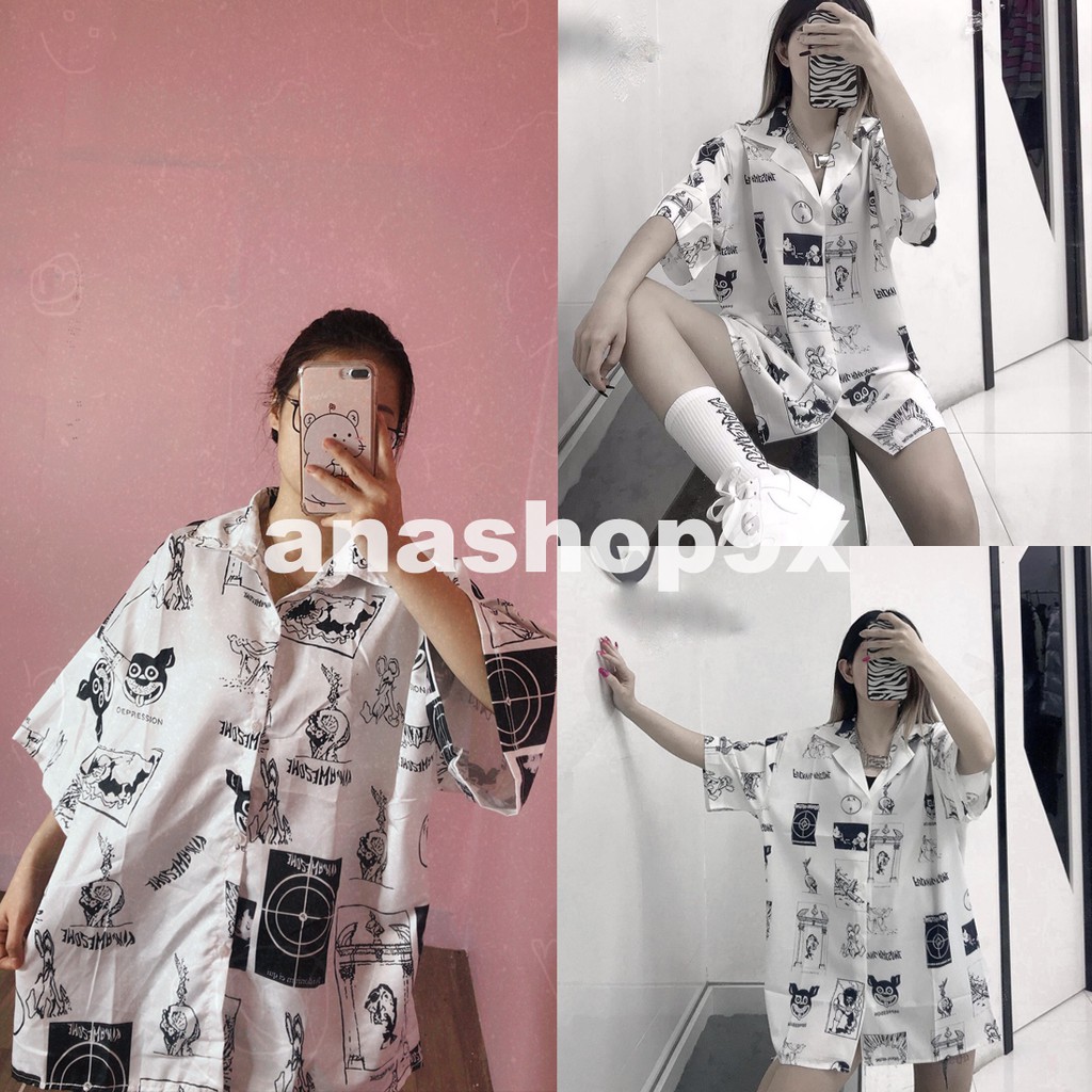 Áo sơ mi nữ tay lỡ bigsize/ Áo sơ mi trắng form rộng in chữ HARD CHICK anashop9x