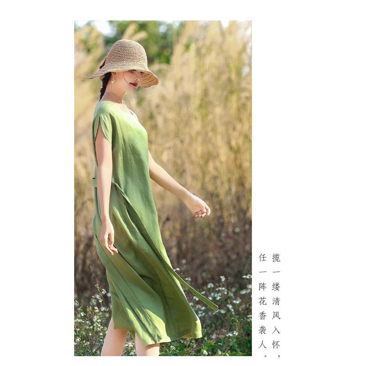 Đầm Cotton Lanh Cao Cấp Màu Xanh Lá Phong Cách retro Mùa Hè Cho Nữ Trung Niên