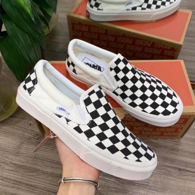 Giày Vans⚡️𝐒𝐢ê𝐮 𝐑ẻ⚡️ caro, Giày thể thao lười slipon viền trắng nam nữ full box