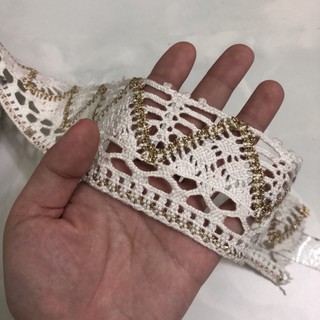 1 mét ren chỉ cotton kem pha sợi nhũ vàng bản rộng 6cm hàng công ty