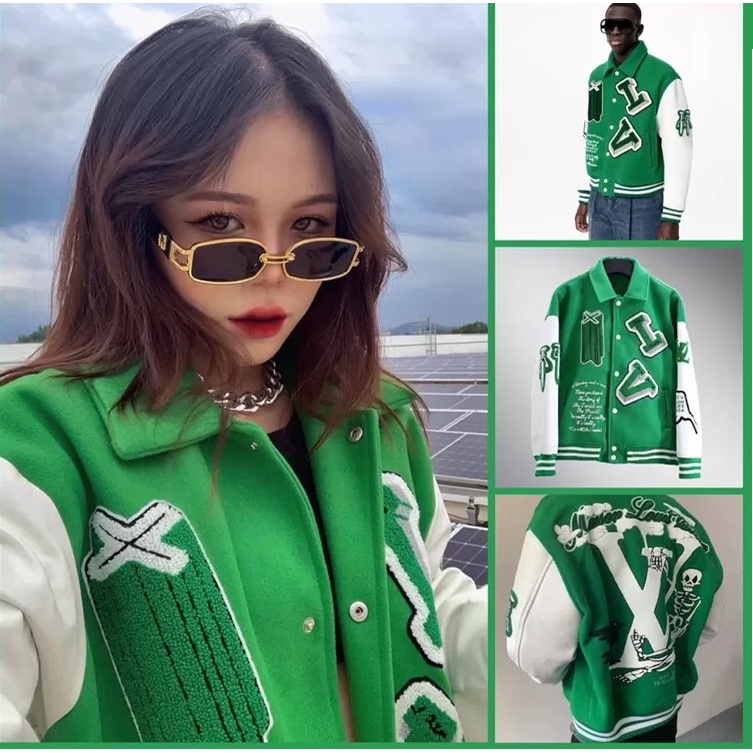 Áo varsity jacket LV Luôn Vui Tươi SS21 màu xanh bản cao cấp Áo khoác bóng chày nam nữ LV thêu hình họa tiết form rộng