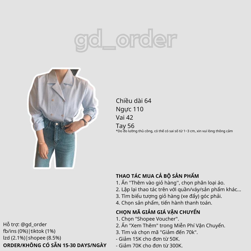 A39|Áo sơ mi công sở hàn quốc nữ kẻ sọc dài tay đơn giản, đẹp màu xanh gd_order