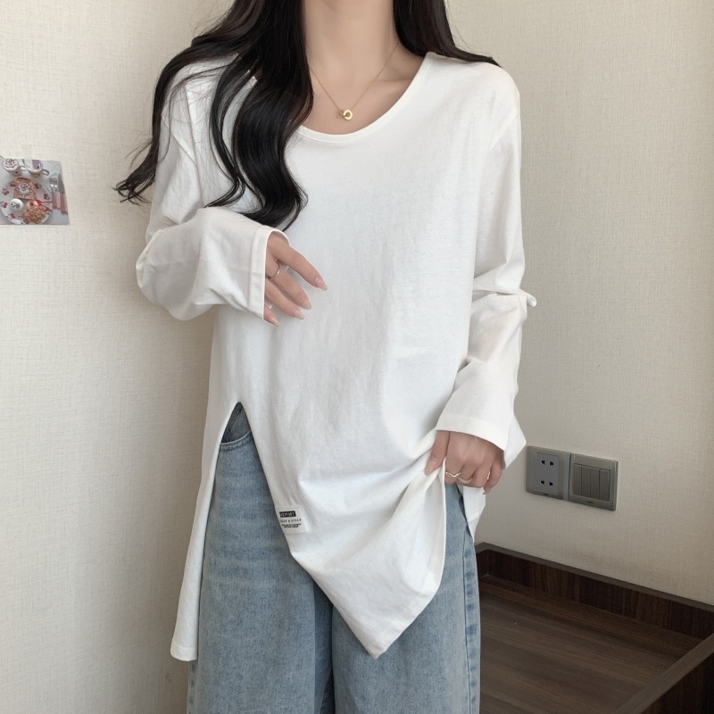 ZHELIHANGFEI Áo Thun Tay Dài Dáng Rộng Xẻ Tà Dễ Phối Đồ Thời Trang