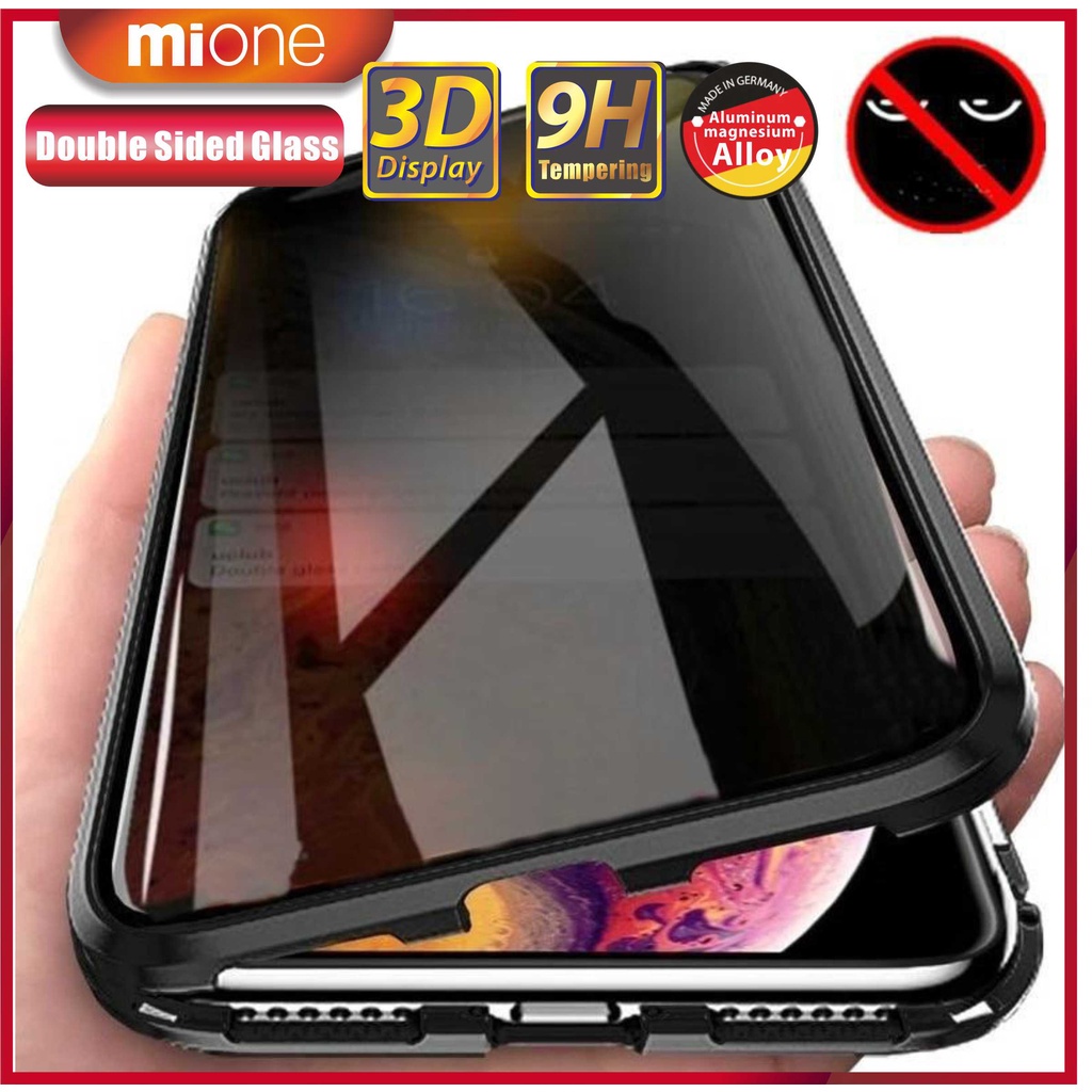 Ốp điện thoại kính cường lực hai mặt viền kim loại nam châm chống nhìn trộm cho iPhone 12 11 Pro Max 6 6S 7 8 Plus X XS XR Xsmax