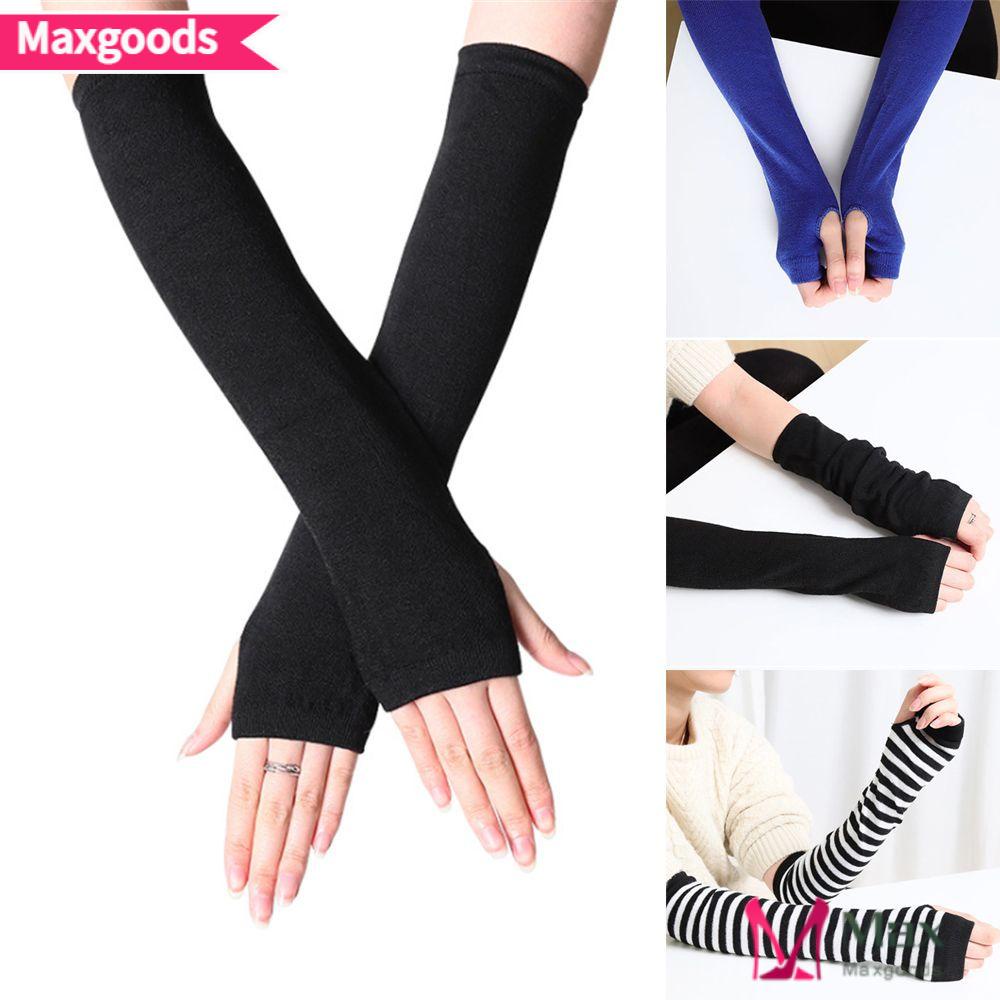 Găng Tay Cotton Dài Hở Ngón Kẻ Sọc Cổ Điển Cho Nữ