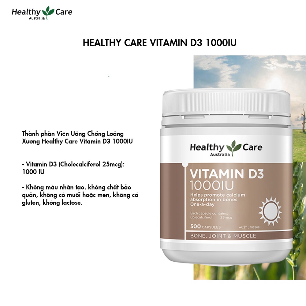 Viên uống chống loãng xương Healthy Care Vitamin D3 1000IU 500 viên