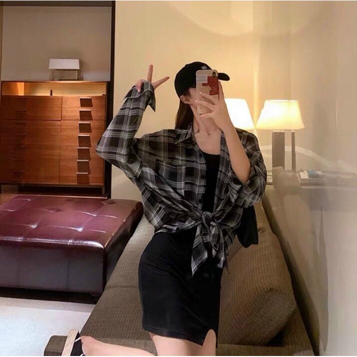 Set Váy 2 dây kèm áo khoác sơ mi caro 🌸FREESHIP🌸 Đầm nữ 2 dây vải umi dày dặn kết hợp kate siêu hút mắt, hot trend | BigBuy360 - bigbuy360.vn