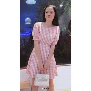 Đầm Nữ Kẻ Caro Hồng Cột Eo Cổ Vuông (KÈM ẢNH THẬT)