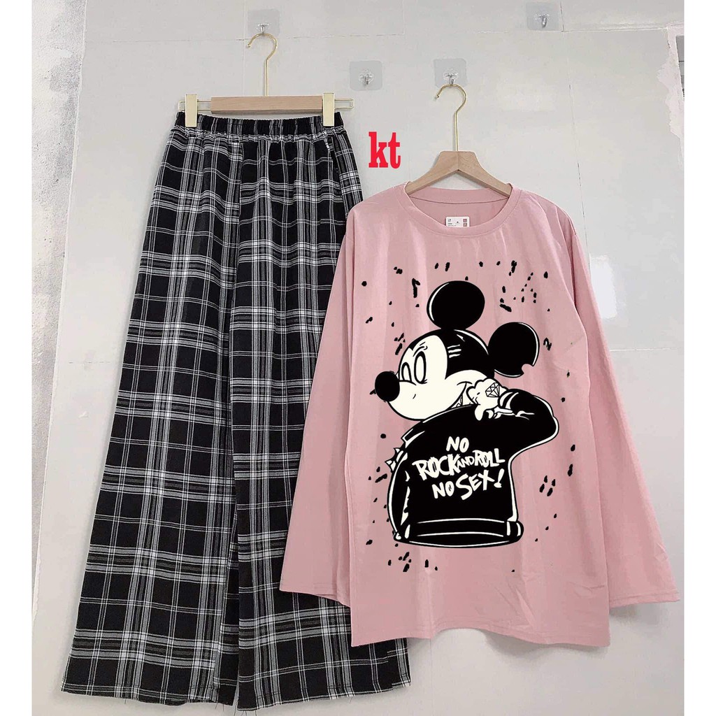 Sét áo micky + quần kẻ ống rộng KTH1120