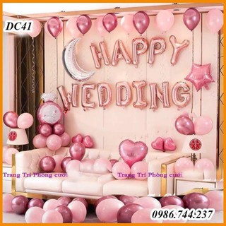 Set bóng trang trí phòng cưới happy wedding tông màu hồng độc đáo