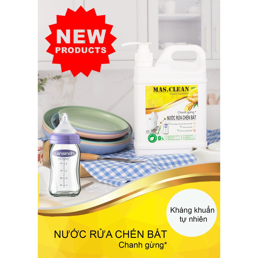 Nước rửa chén hữu cơ MasClean hương Chanh Gừng khử khuẩn và sạch nhanh dầu mỡ chai 1.8L