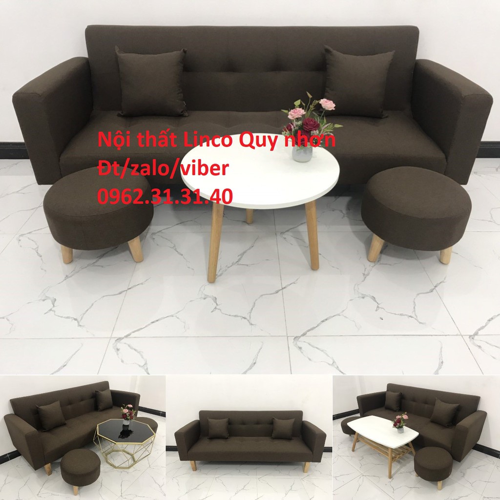 Bộ bàn ghế Sofa giường tay vịn SFGTV09 nâu cafe sofa giá rẻ phòng khách nhỏ mini giường nằm Nội thất Linco Quy nhơn