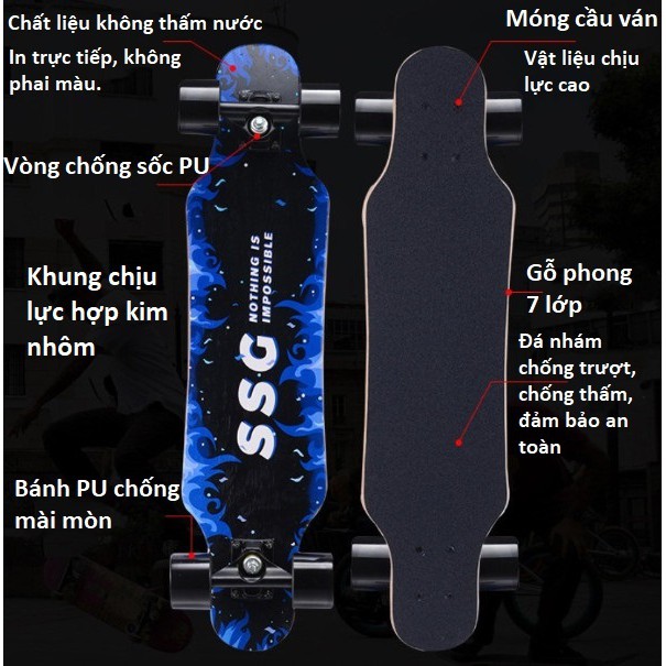 Ván trượt thể thao Longboard gỗ nhám 7 lớp in hình, phát sáng 4 bánh ( bảo hành 1 đổi 1 trong 7 ngày )