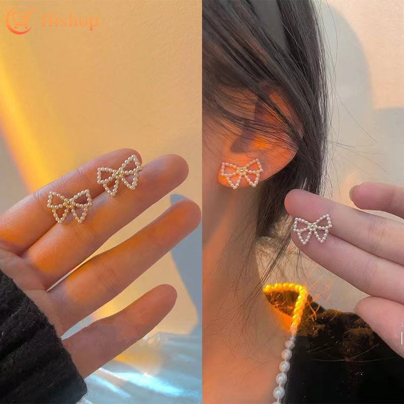 Đôi khuyên tai mặt hình hoa/ nơ đính hạt ngọc trai nhân tạo thời trang thanh lịch dành cho nữ