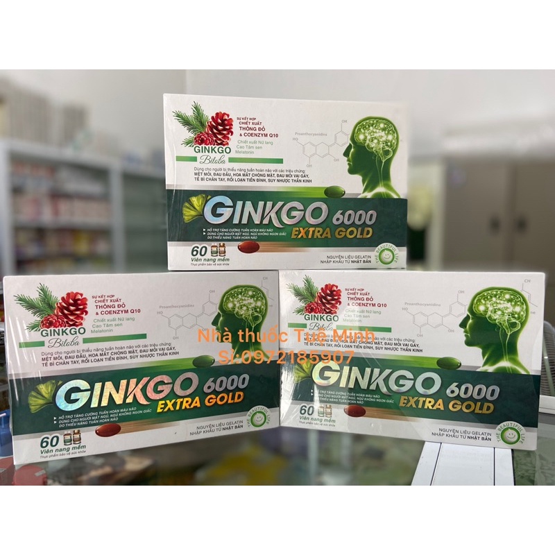 Viên uống Ginko 6000 - bổ não Ginkgo 6000 Extra Gold hỗ trợ tăng cường máu lưu thông giúp giảm đau đầu  lọ 60 viên TM