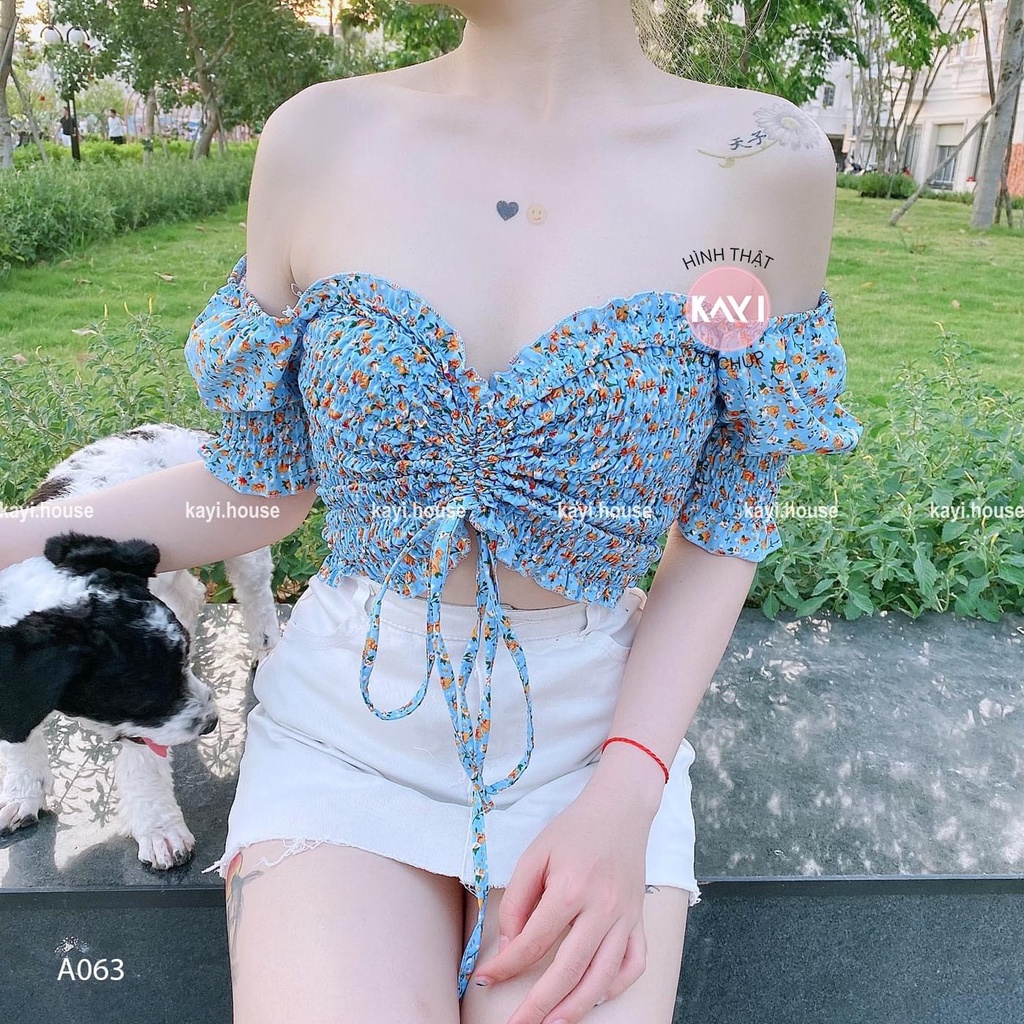 Áo croptop hoa rút dây ngực tay ngắn A5063