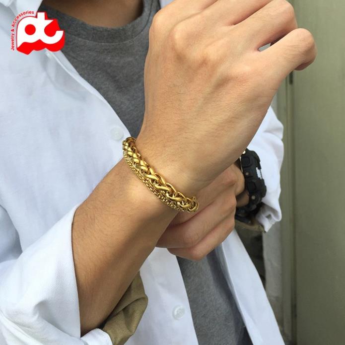 Lắc tay nam titan cao cấp rẻ đẹp kiểu sợi dừa thời trang cách điệu 2 sợi cá tính PT JEWELRY màu mạ vàng PTLTNA08