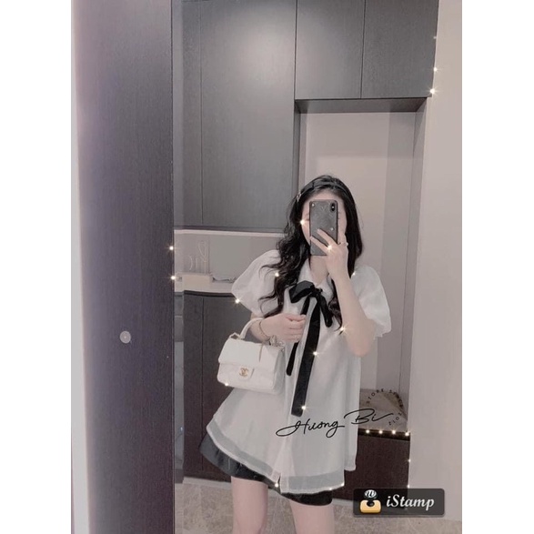 Áo Babydoll 2 Lớp Tay Bồng Thắt Nơ Đen