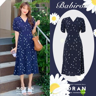 (ORDER) Váy hoa cúc nhí MORAN cổ V  thắt eo đơn giản nhẹ nhàng Hàn Quốc