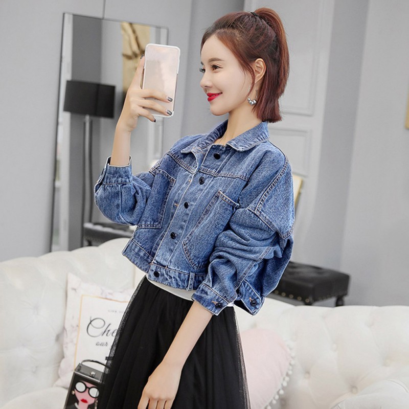 Áo khoác denim tay dài thiết kế cổ bẻ thanh lịch