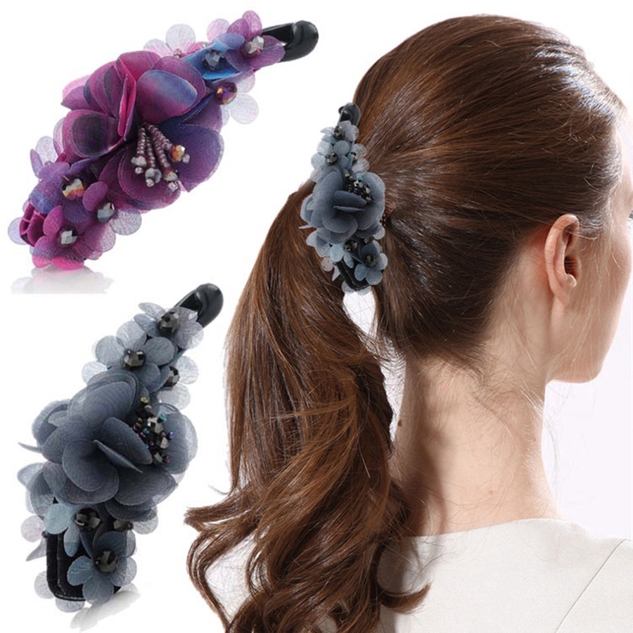 Kẹp tóc phối ren hoa dệt bằng tay có xâu hạt thời trang Hàn Quốc