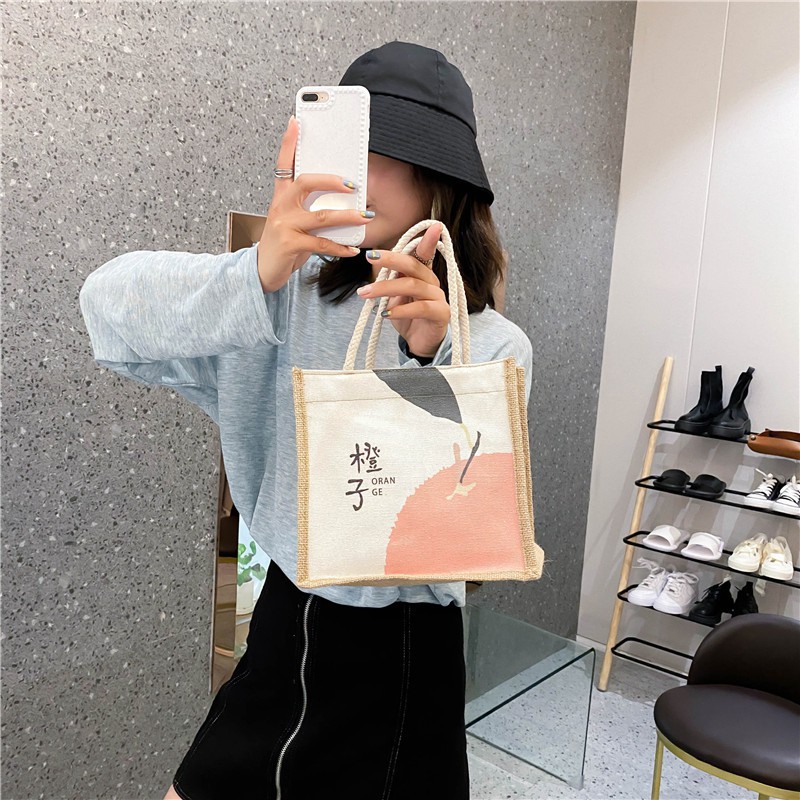 Túi cói vải mini họa tiết siêu xinh, túi xách tote canvas mẫu mới