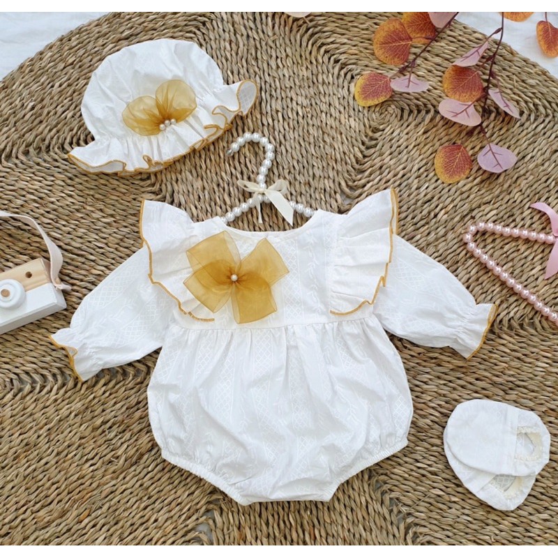 Body trắng phối nơ Handmade màu mơ bồng bềnh lãng mạn cho mùa thu của bé