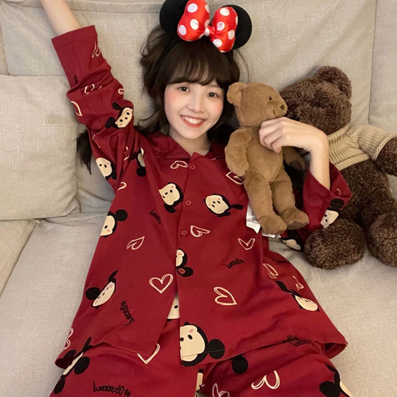 Bộ Đồ Ngủ Tay Dài In Hình Mickey Màu Đỏ Phong Cách Nhật Hàn Hàng Mới 2022 Dành Cho Bạn Nữ